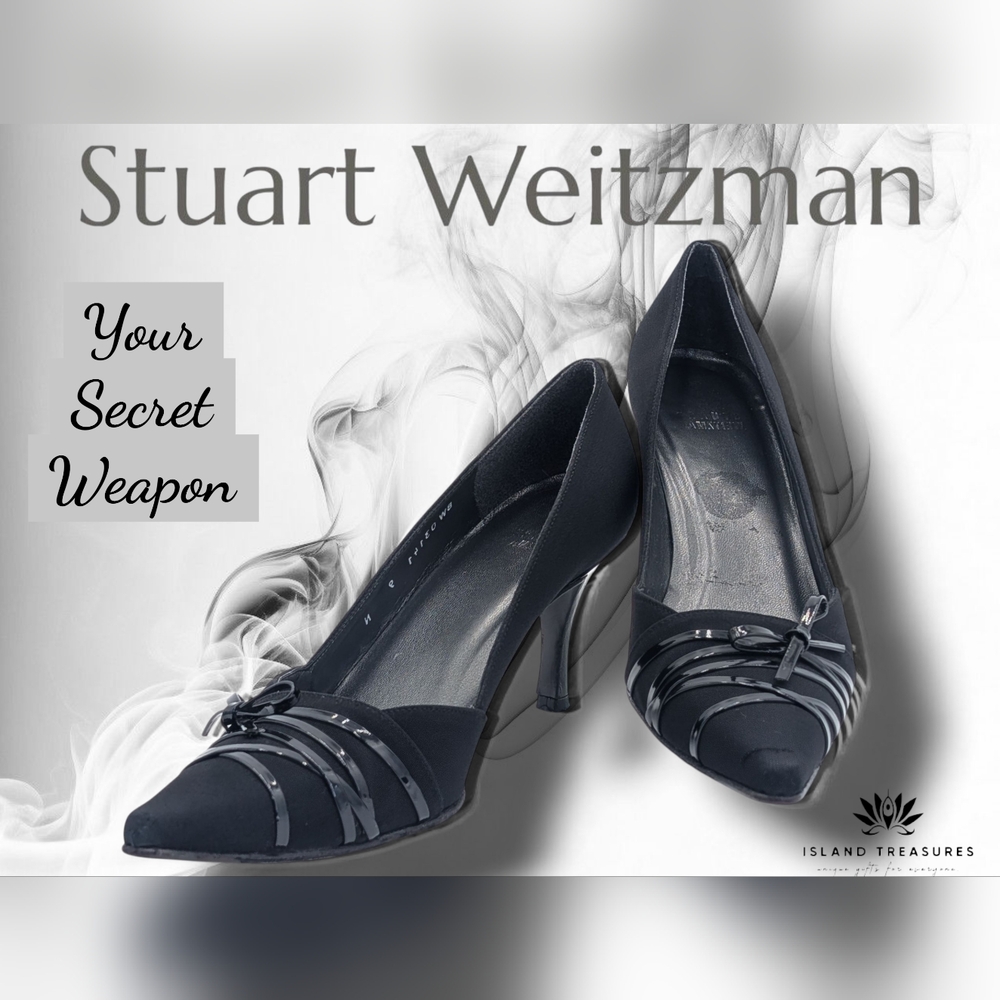VINTAGE Stuart Weitzman Size 9N  Black Heels Patient Leather Pointed Toe Ribbon
